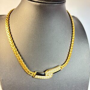 Vintage Swarovski Necklace Gold Tone Rhinestone Black Enamel Chunky Chain Signed